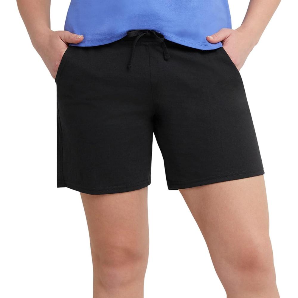 imageHanes Womens Jersey Pocket Shorts Drawstring Cotton Jersey Shorts 7 InseamBlack