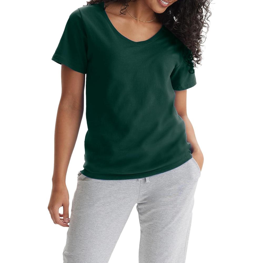 imageHanes Womens Nano Premium Cotton VNeck TShirt PackDeep Forest  1 Pack