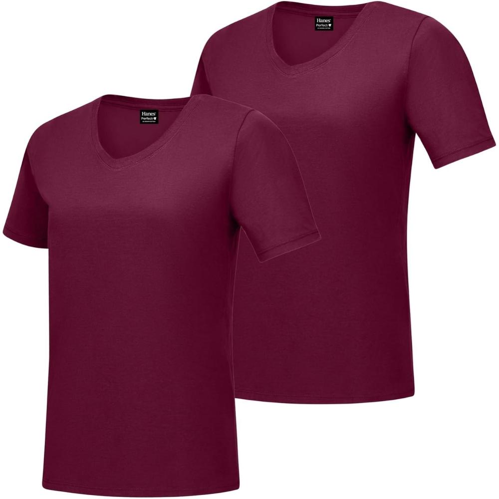 imageHanes Womens Nano Premium Cotton VNeck TShirt PackMaroon  2 Pack