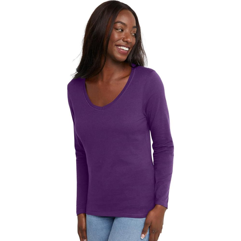 imageHanes Womens Originals Long Sleeve Cotton VNeck TShirt Lightweight VNeck Tee Modern FitViolet Splendor