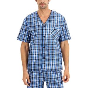 Hanes Men’s Pajamas Set, Button Down Sleepwear, 2 Piece Short Sleeve Pjs, Pijama de Dos Piezas para Hombre(Blue Plaid)