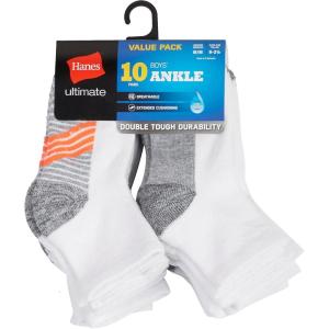 Hanes Ultimate Boys’ Ankle and No Show Performance Sport Socks, 10-Pair Packs(Ankle – White/Grey Bottom – 10 Pack)