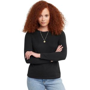 Hanes Womens Originals Long Sleeve Cotton T-Shirt, Lightweight Crewneck Tee, Modern Fit(Ebony)