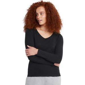 Hanes Womens Originals Long Sleeve Cotton V-Neck T-Shirt, Lightweight V-Neck Tee, Modern Fit(Ebony)