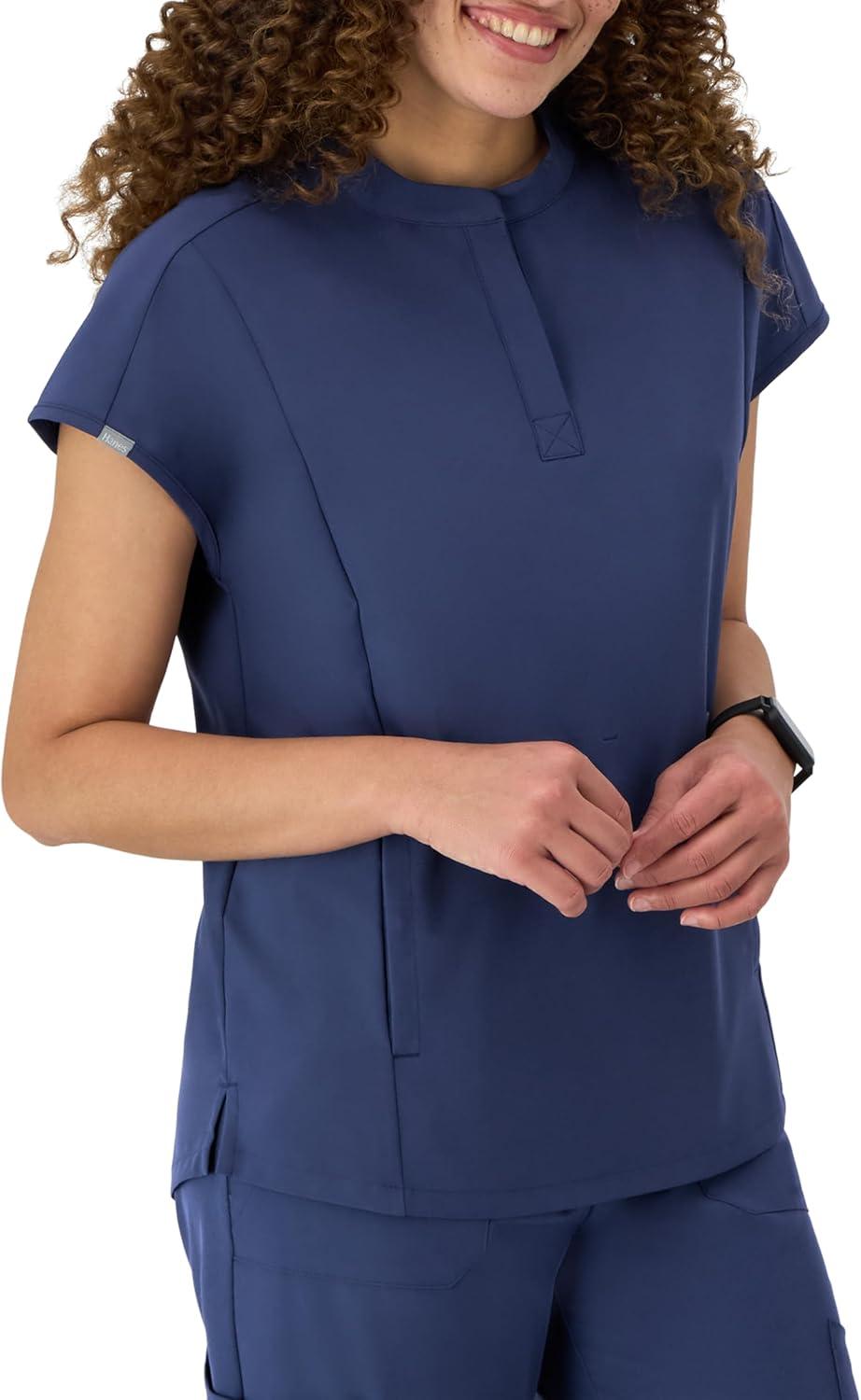 imageHanes Womens Scrubs Healthcare Top with Mandarin Collar MoistureWicking Stretch Scrub ShirtAthletic Navy