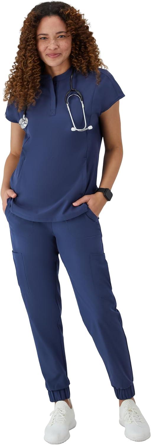 imageHanes Womens Scrubs Healthcare Top with Mandarin Collar MoistureWicking Stretch Scrub ShirtAthletic Navy
