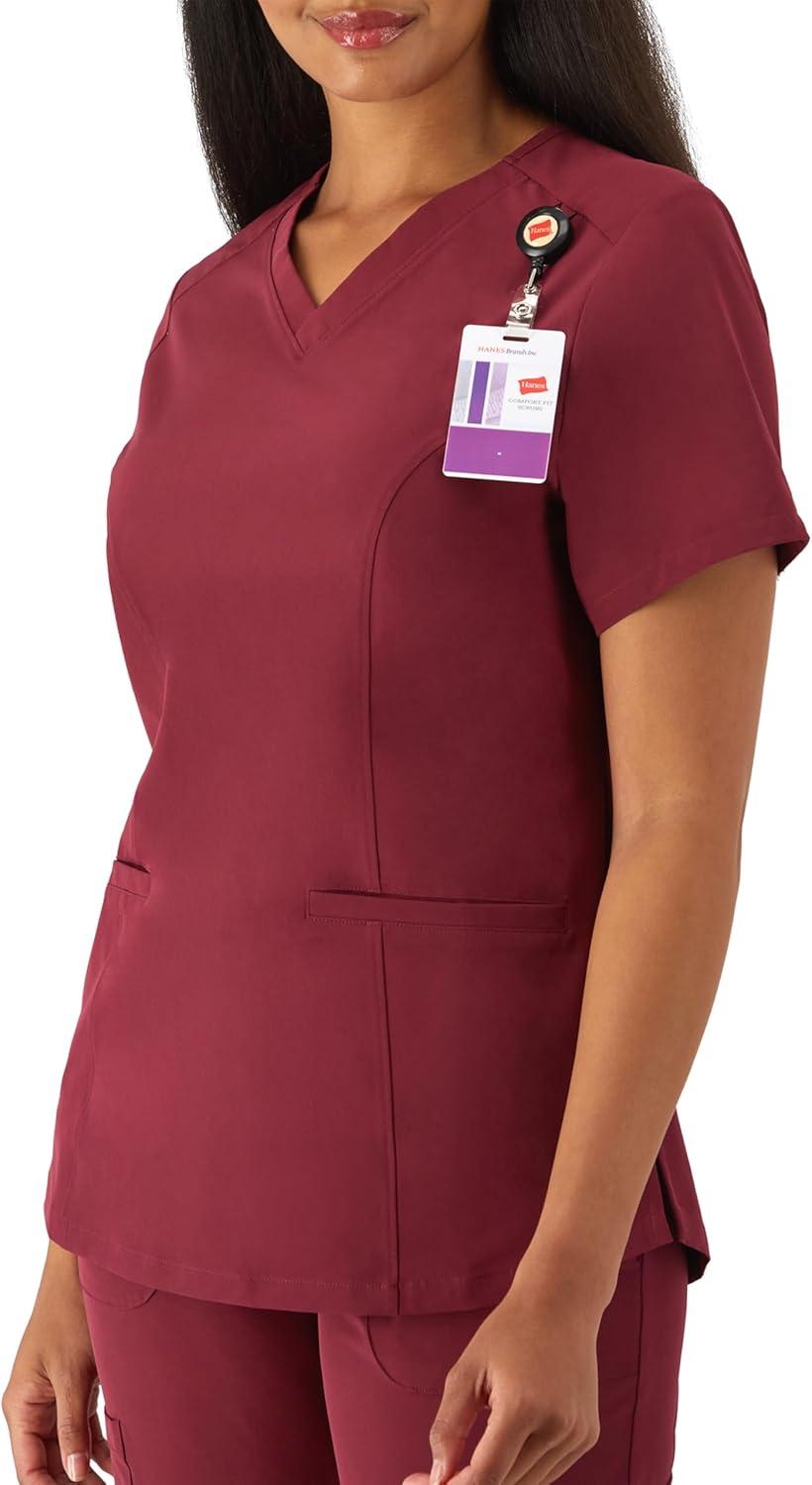 imageHanes Womens Scrubs Healthcare Top with VNeckline MoistureWicking Stretch Scrub ShirtsAfternoon Burgundy