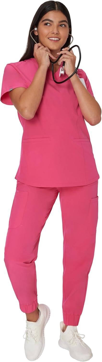 imageHanes Womens Scrubs Healthcare Top with VNeckline MoistureWicking Stretch Scrub ShirtsFuchsia Pink