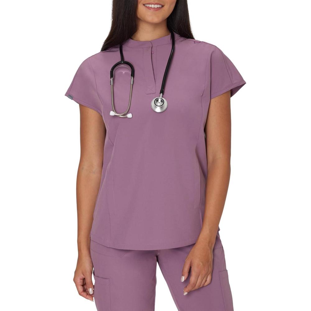 imageHanes Womens Scrubs Healthcare Top with Mandarin Collar MoistureWicking Stretch Scrub ShirtPurple Mauve