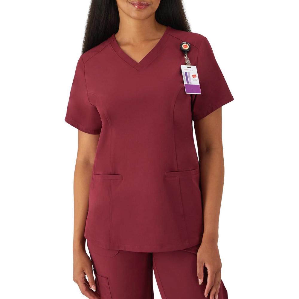 imageHanes Womens Scrubs Healthcare Top with VNeckline MoistureWicking Stretch Scrub ShirtsAfternoon Burgundy