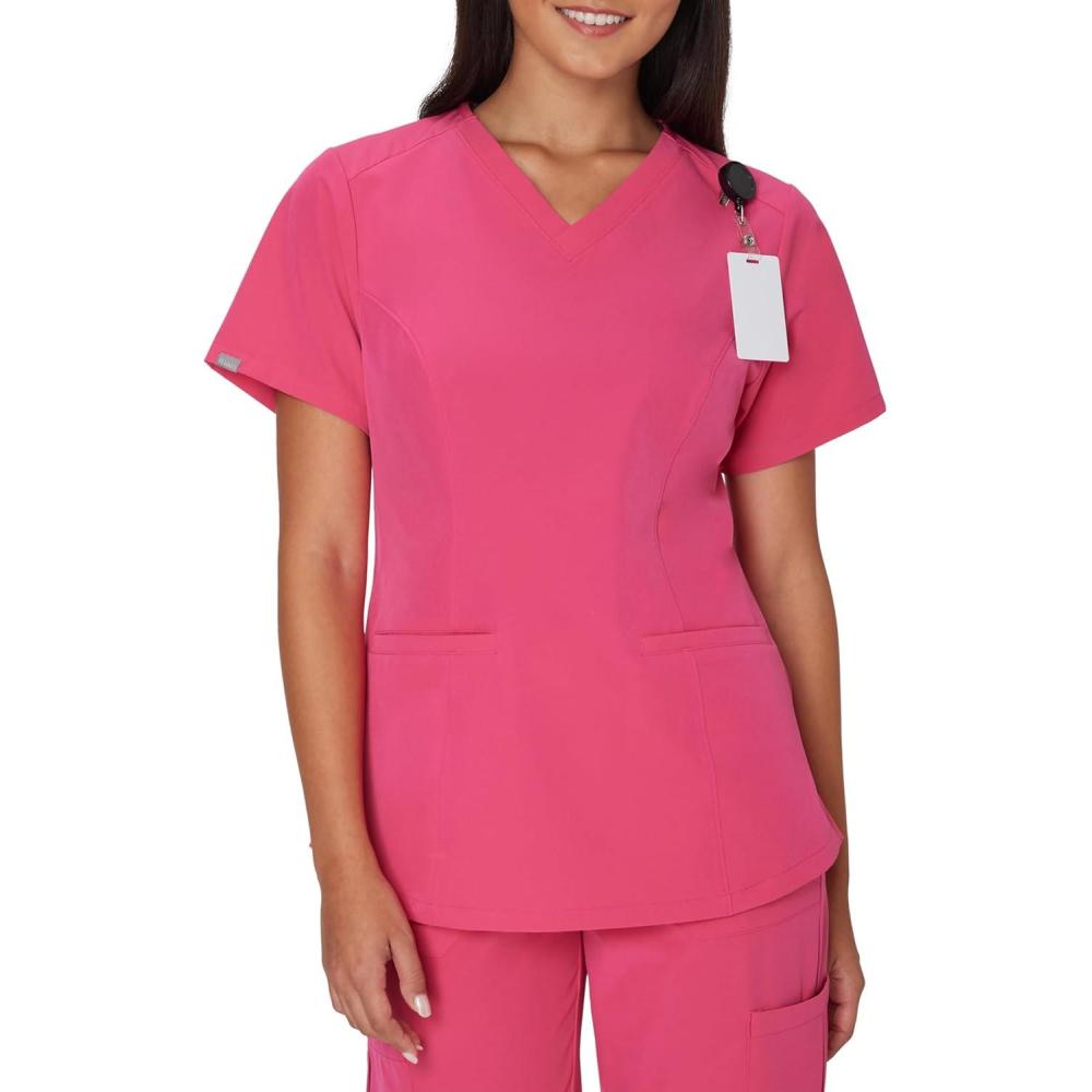 imageHanes Womens Scrubs Healthcare Top with VNeckline MoistureWicking Stretch Scrub ShirtsFuchsia Pink