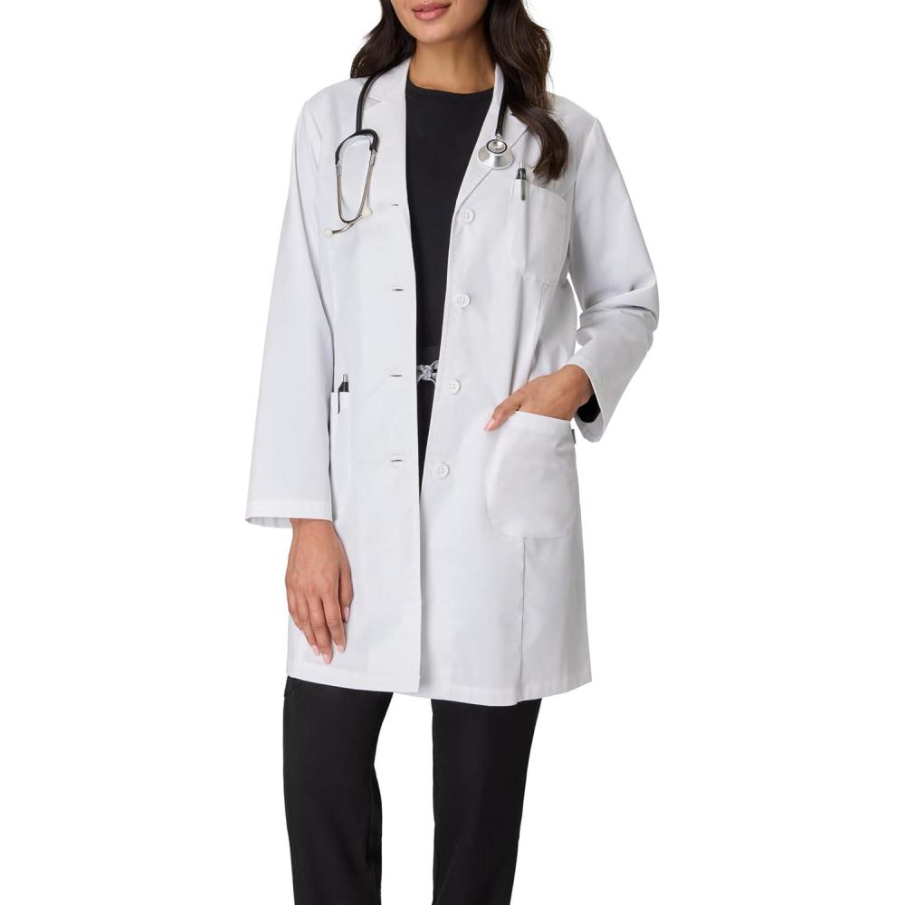 imageHanes Womens Scrubs Lab Coat Healthcare Lab Coat Scrubs Jacket With Pockets Soil amp Water ResistantMarble White