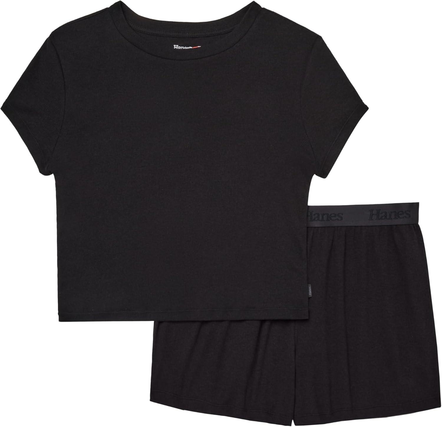 imageHanes Womens Originals 2piece Lounge Set Supersoft Cropped Baby Doll Tee amp Sleep Shorts Loungewear SetBlackBlack