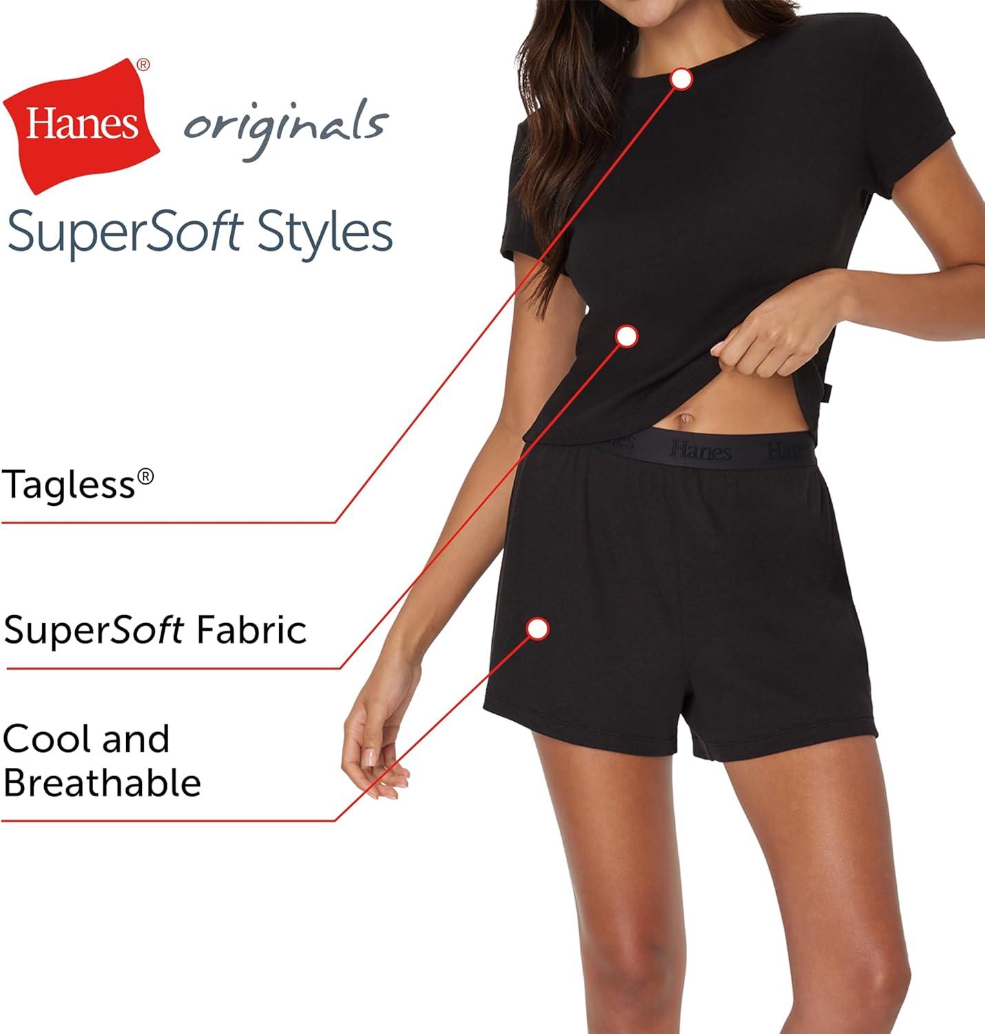 imageHanes Womens Originals 2piece Lounge Set Supersoft Cropped Baby Doll Tee amp Sleep Shorts Loungewear SetBlackBlack