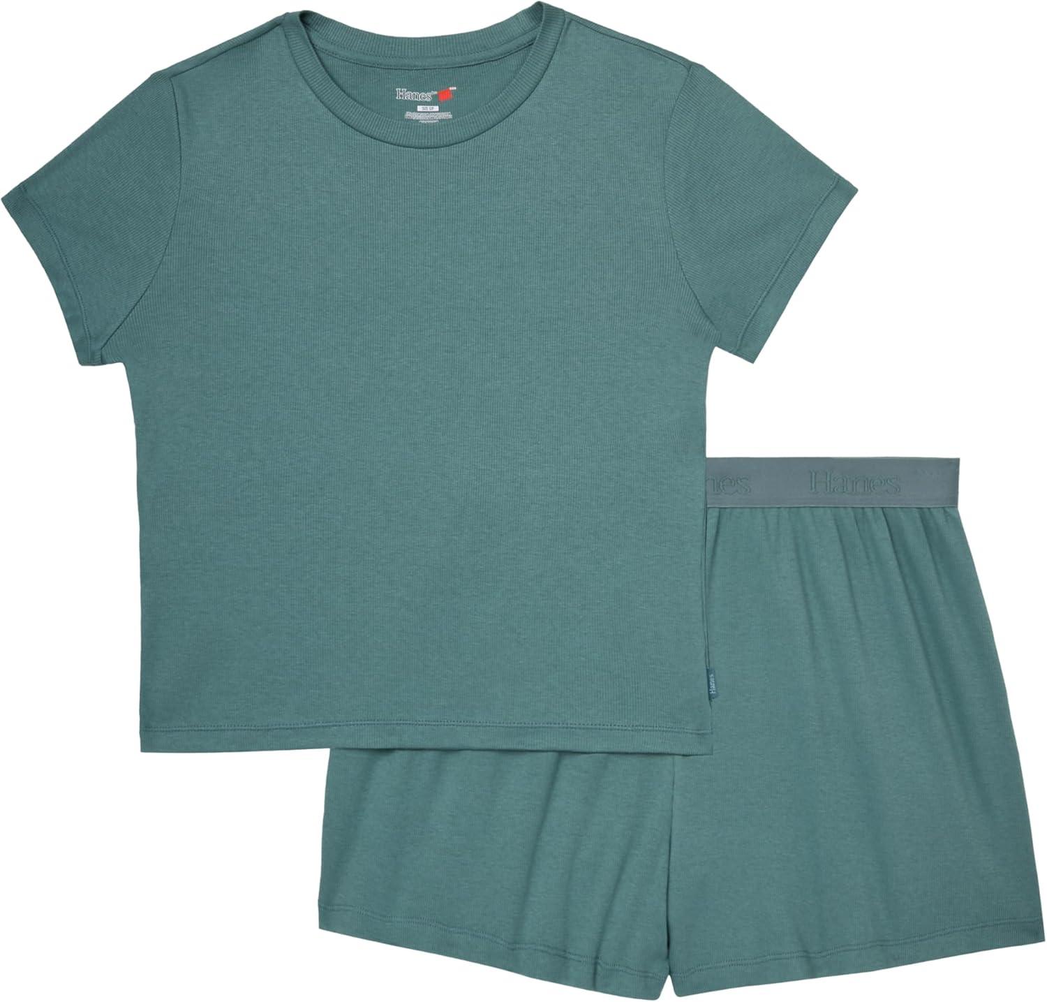 imageHanes Womens Originals 2piece Lounge Set Supersoft Cropped Baby Doll Tee amp Sleep Shorts Loungewear SetFaded Sage GreenFaded Sage Green