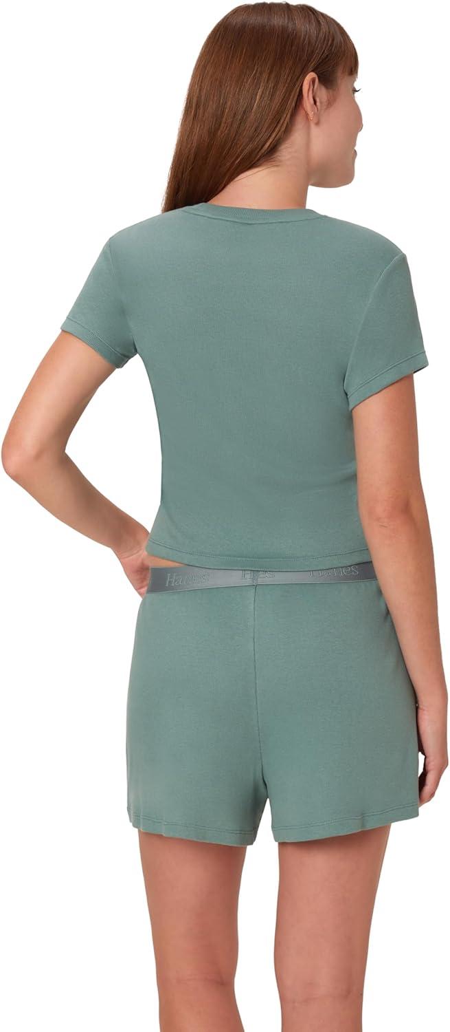 imageHanes Womens Originals 2piece Lounge Set Supersoft Cropped Baby Doll Tee amp Sleep Shorts Loungewear SetFaded Sage GreenFaded Sage Green
