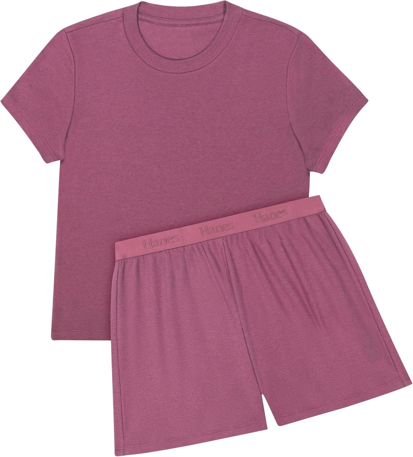 imageHanes Womens Originals 2piece Lounge Set Supersoft Cropped Baby Doll Tee amp Sleep Shorts Loungewear SetMauve MoodMauve Mood