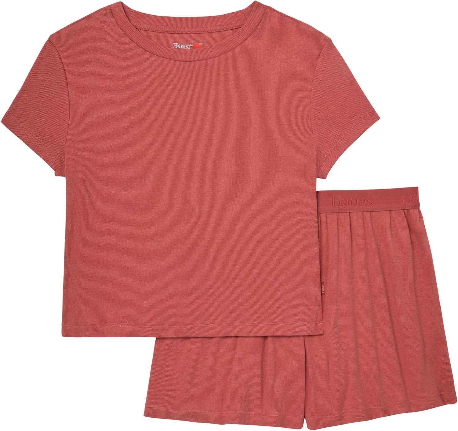 imageHanes Womens Originals 2piece Lounge Set Supersoft Cropped Baby Doll Tee amp Sleep Shorts Loungewear SetNatural CedarNatural Cedar