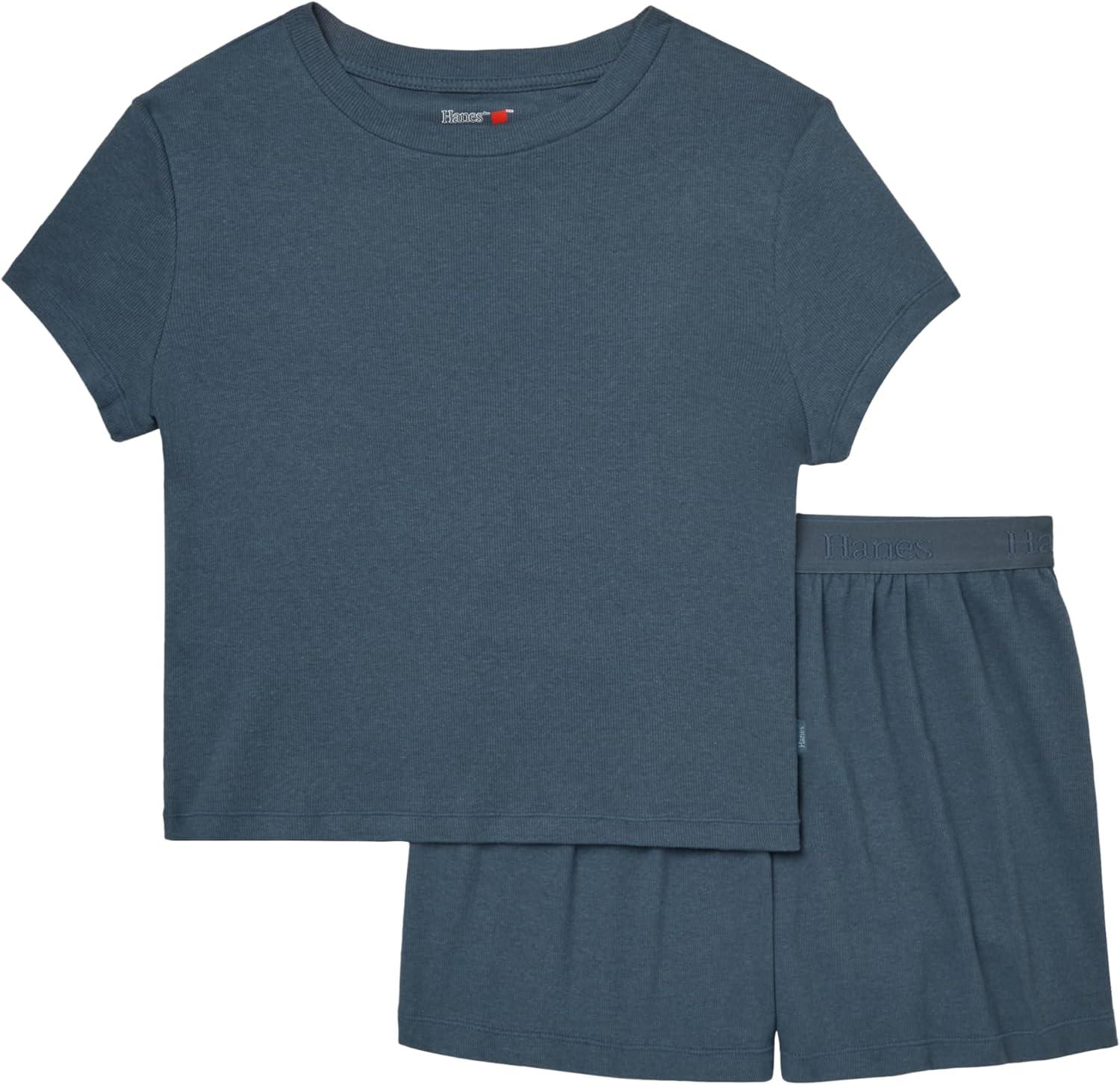 imageHanes Womens Originals 2piece Lounge Set Supersoft Cropped Baby Doll Tee amp Sleep Shorts Loungewear SetStargazer GreyStargazer Grey