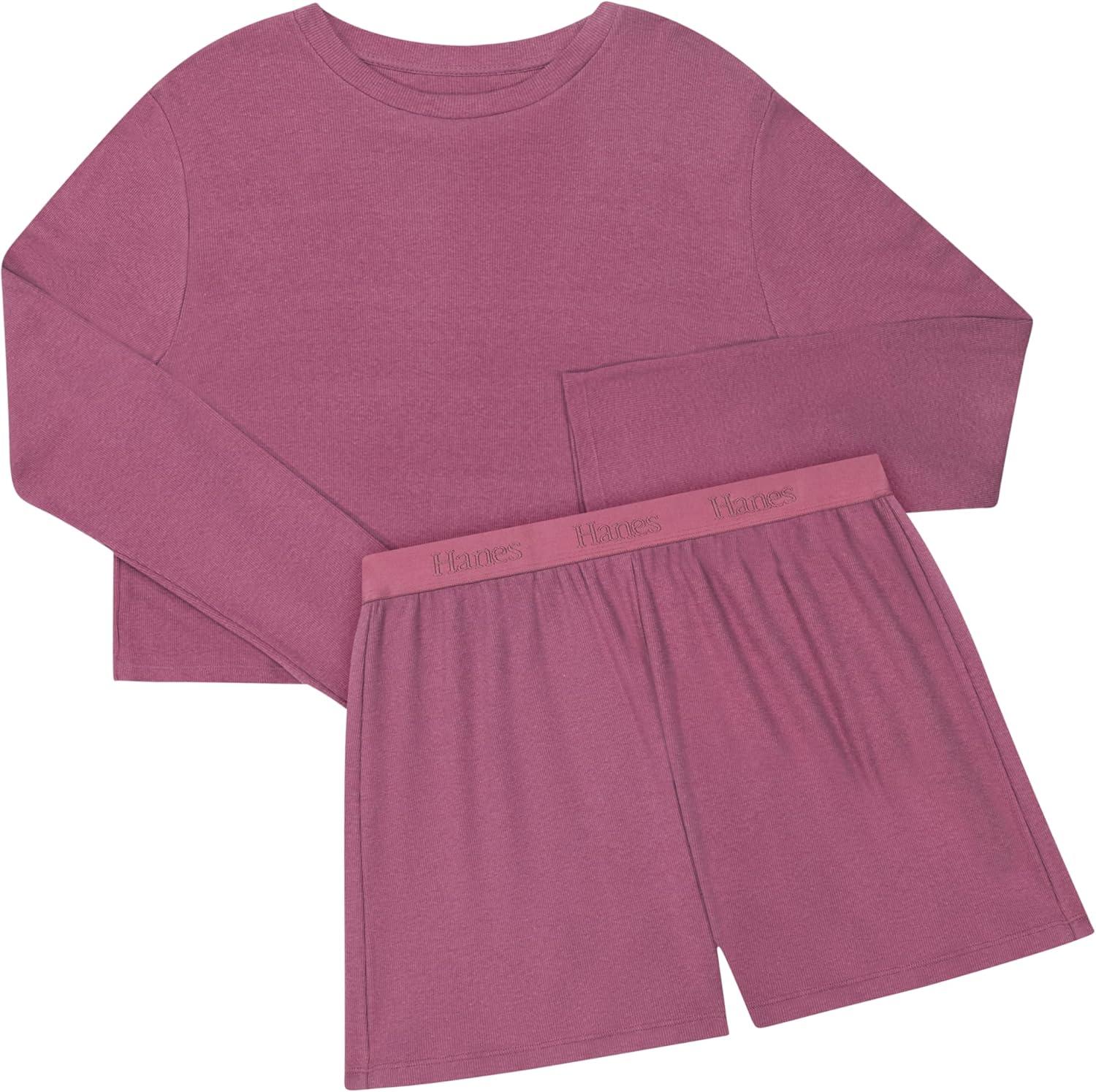 imageHanes Womens Sleepwear Set Originals Supersoft Comfywear Longsleeve Top amp Sleep Shorts Loungewear Set for WomenMauve MoodMauve Mood