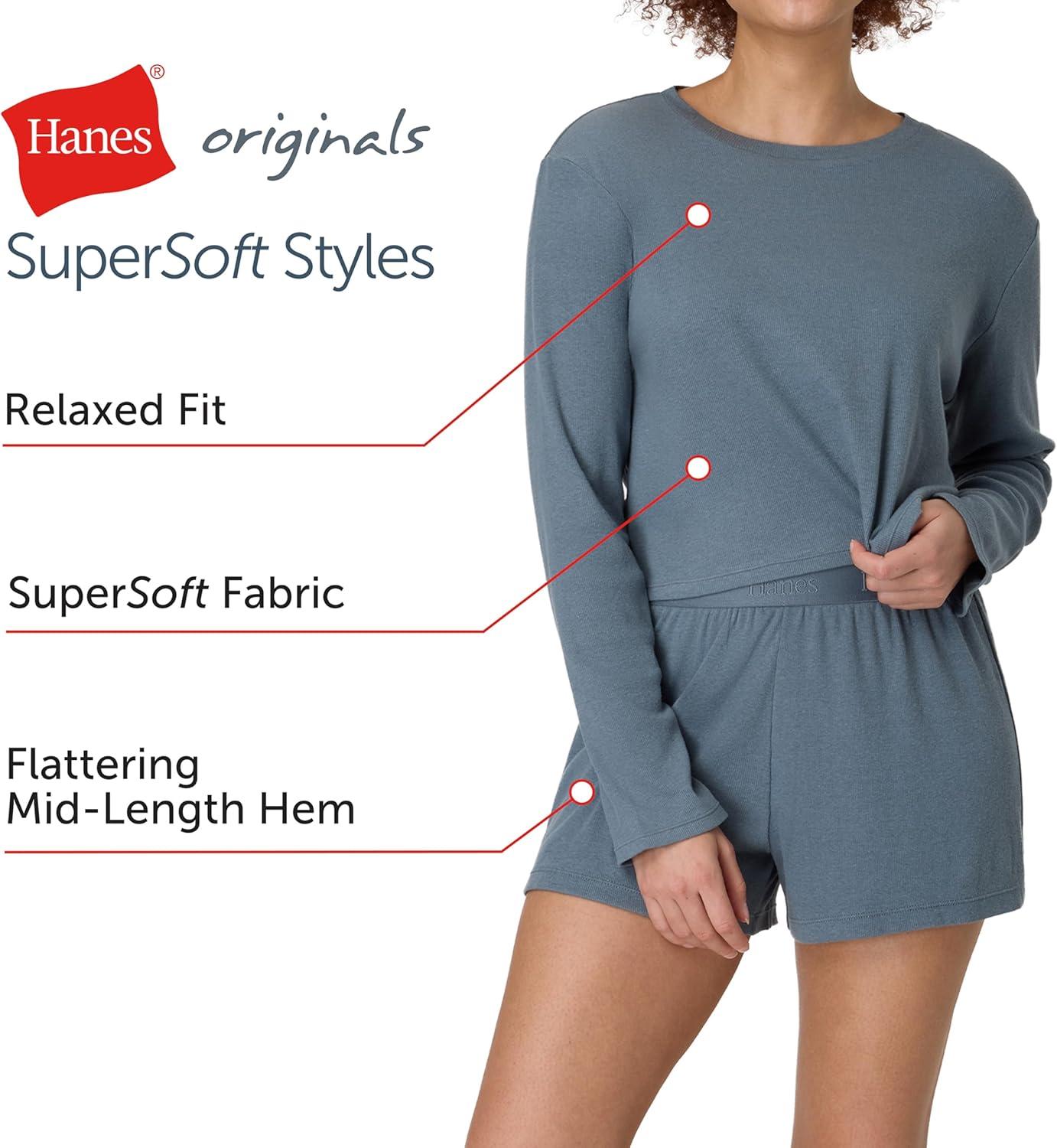 imageHanes Womens Sleepwear Set Originals Supersoft Comfywear Longsleeve Top amp Sleep Shorts Loungewear Set for WomenStargazer GreyStargazer Grey