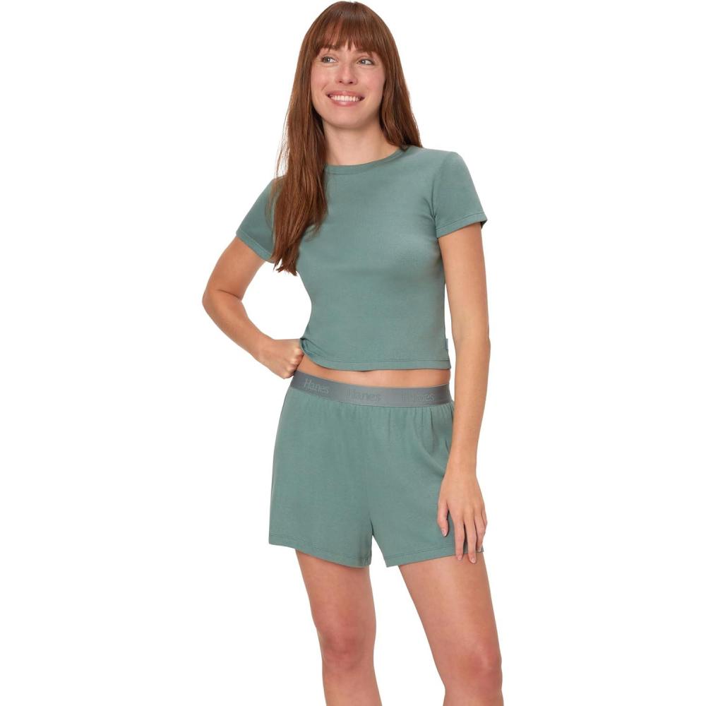 imageHanes Womens Originals 2piece Lounge Set Supersoft Cropped Baby Doll Tee amp Sleep Shorts Loungewear SetFaded Sage GreenFaded Sage Green