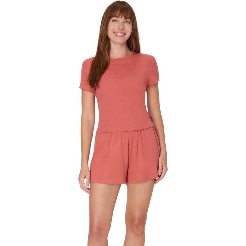 imageHanes Womens Originals 2piece Lounge Set Supersoft Cropped Baby Doll Tee amp Sleep Shorts Loungewear SetNatural CedarNatural Cedar