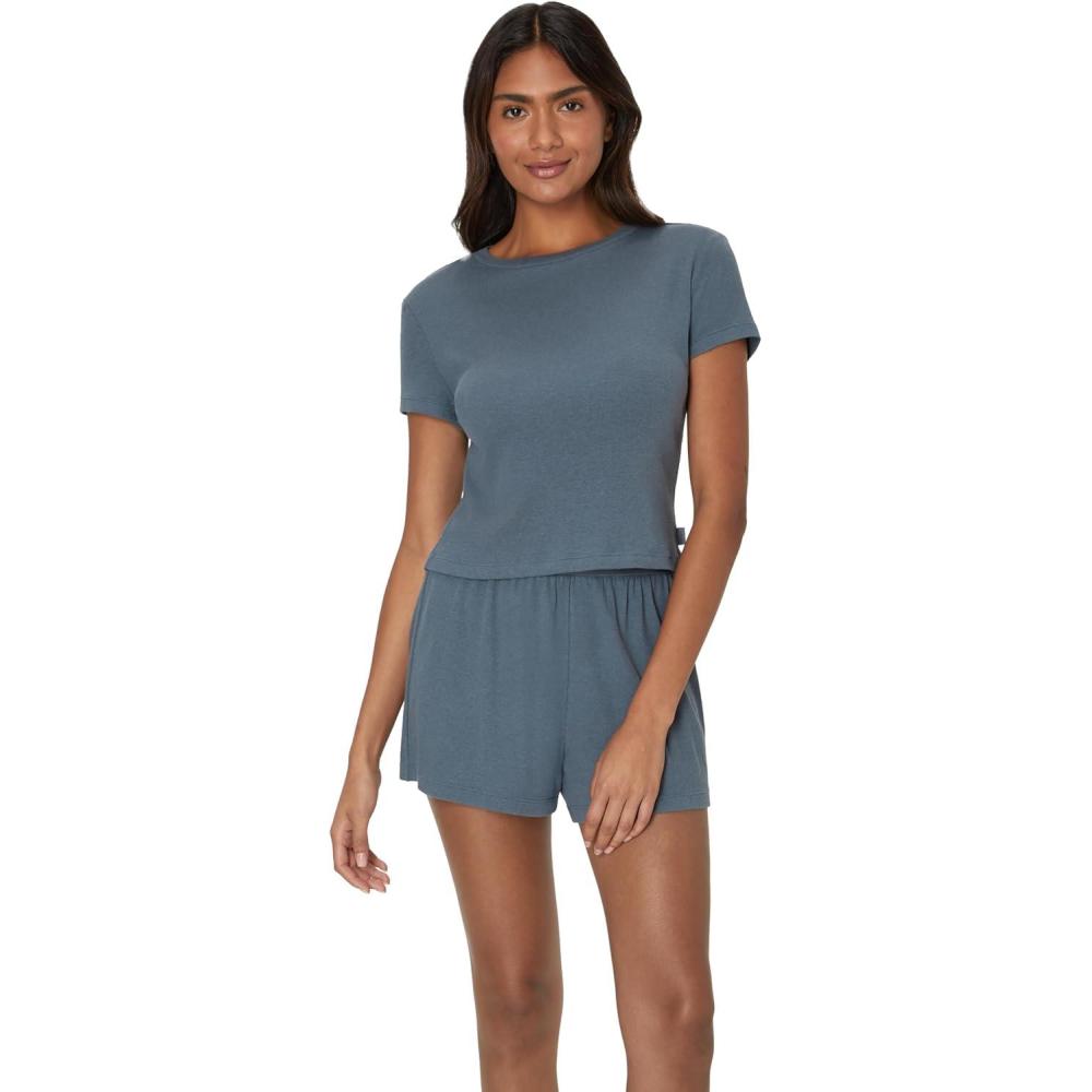 imageHanes Womens Originals 2piece Lounge Set Supersoft Cropped Baby Doll Tee amp Sleep Shorts Loungewear SetStargazer GreyStargazer Grey