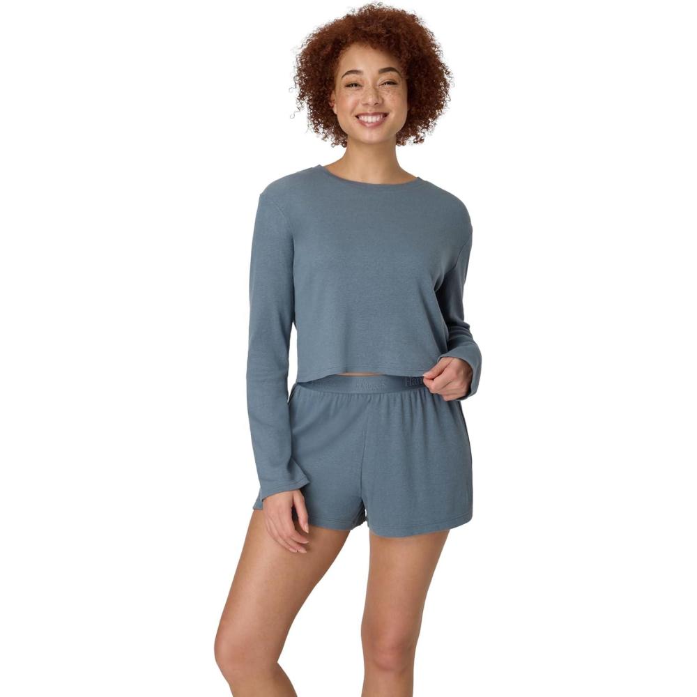 imageHanes Womens Sleepwear Set Originals Supersoft Comfywear Longsleeve Top amp Sleep Shorts Loungewear Set for WomenStargazer GreyStargazer Grey