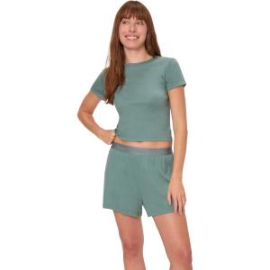 Hanes Women’s Originals 2-piece Lounge Set, Supersoft Cropped Baby Doll Tee & Sleep Shorts Loungewear Set(Faded Sage Green/Faded Sage Green)