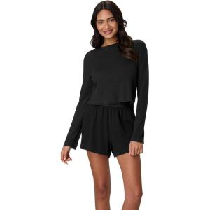 Hanes Women’s Sleepwear Set, Originals Supersoft Comfywear Long-sleeve Top & Sleep Shorts, Loungewear Set for Women(Black/Black)