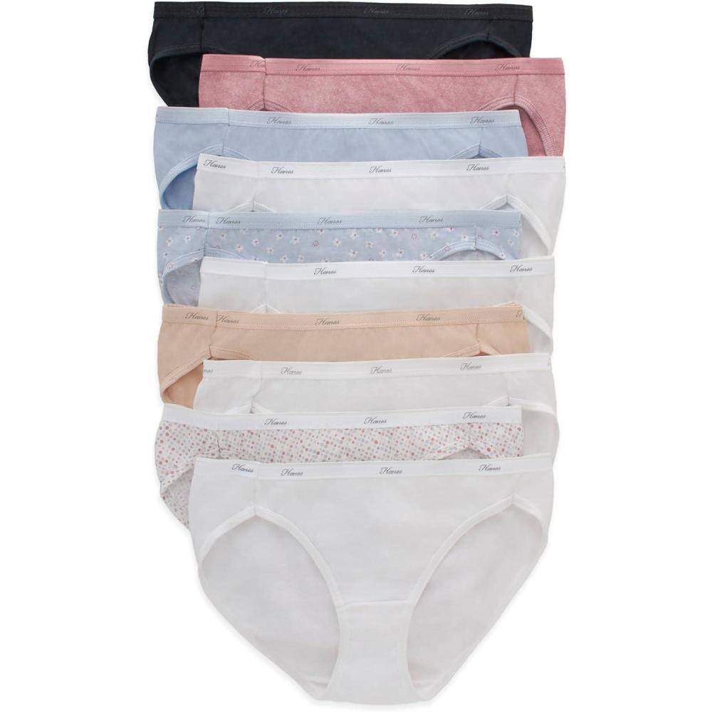 imageHanes Womens Underwear Pack 10Pack FullCoverage Cotton Blend Panties MoistureWicking Underwear for WomenPinkBlackGrey HeatherNavyTea FloralWhite Bikini