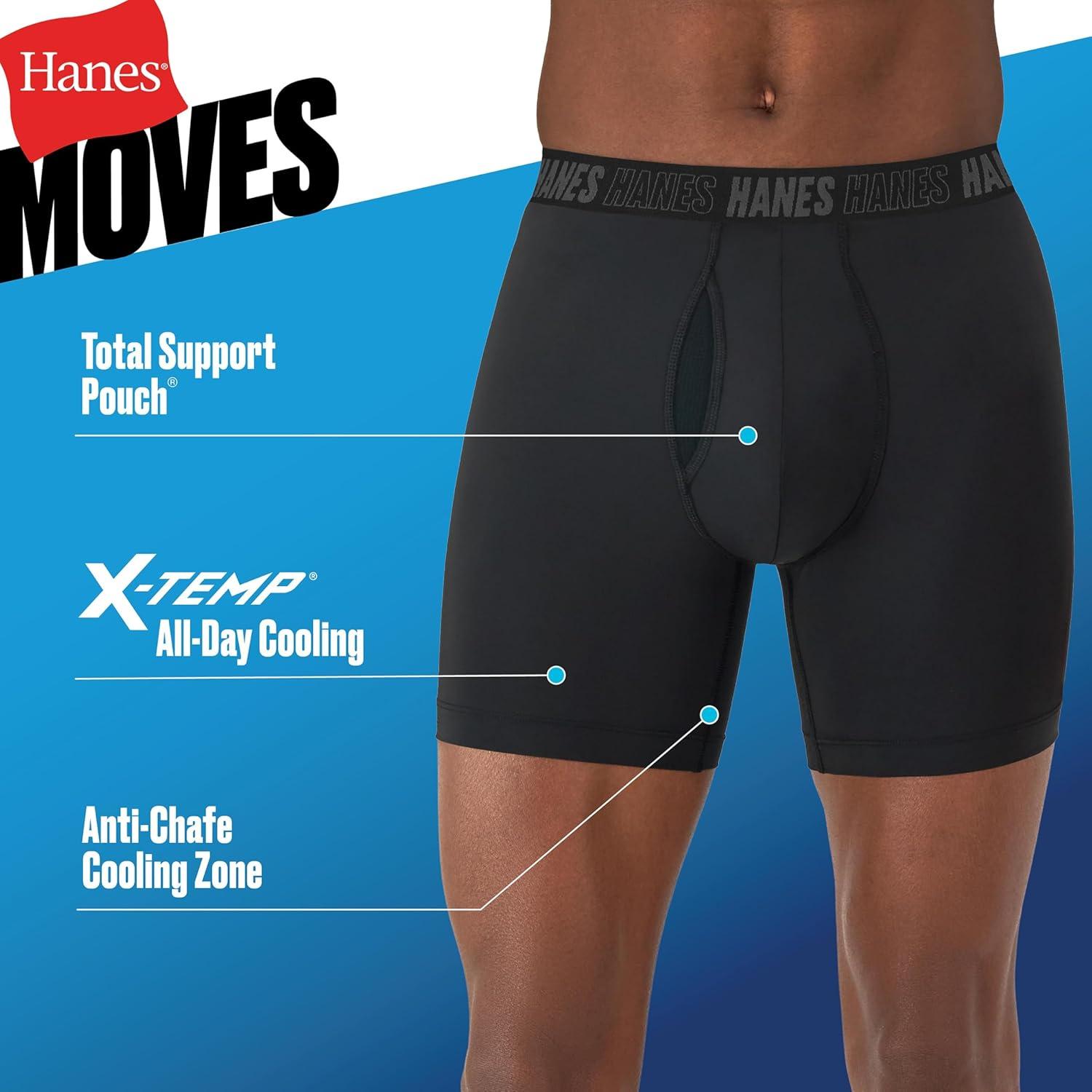 imageHanes Mens Moves Performance Boxer Brief Total Support Pouch Regular Trunk and Long Leg 3packBlack
