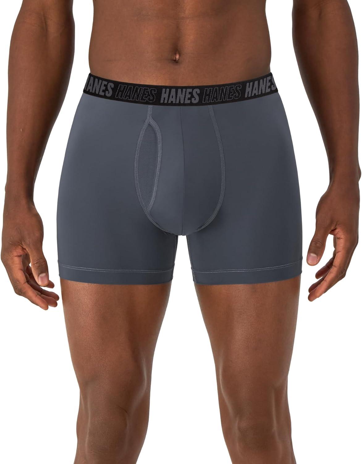 imageHanes Mens Moves Performance Boxer Brief Total Support Pouch Regular Trunk and Long Leg 3packGreyBlack