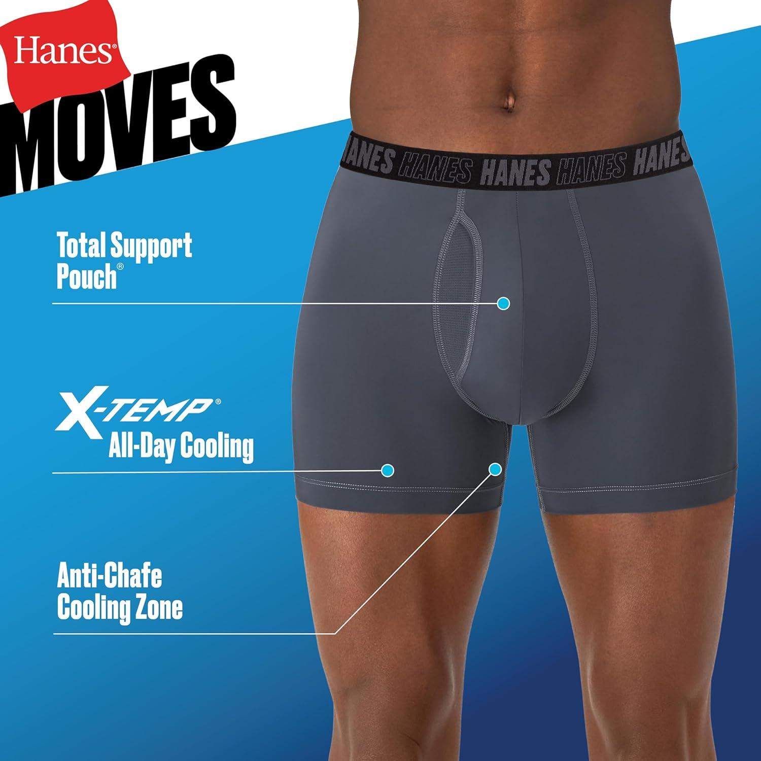 imageHanes Mens Moves Performance Boxer Brief Total Support Pouch Regular Trunk and Long Leg 3packGreyBlack