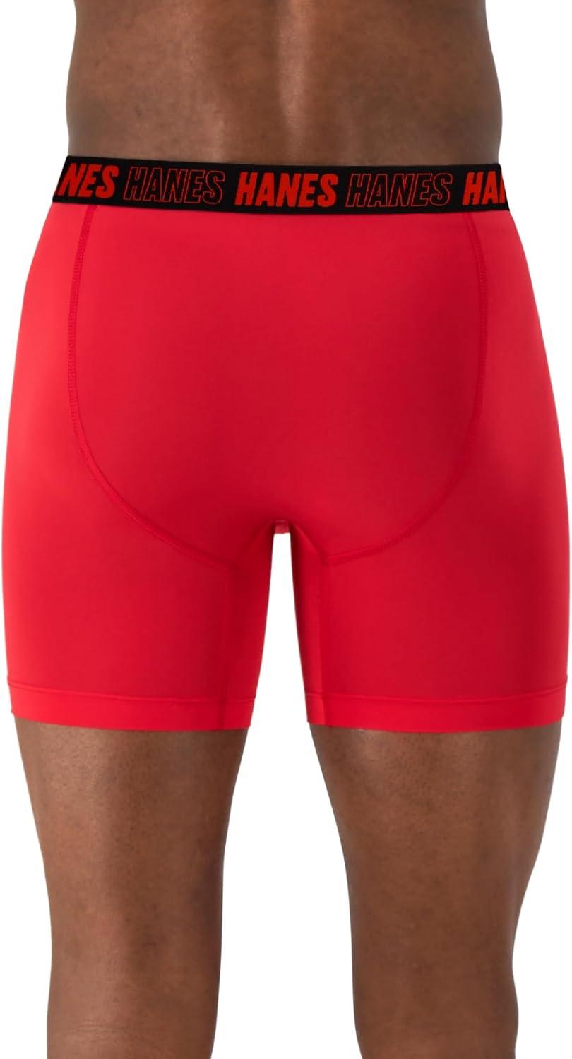 imageHanes Mens Moves Performance Boxer Brief Total Support Pouch Regular Trunk and Long Leg 3packRedGreyBlack