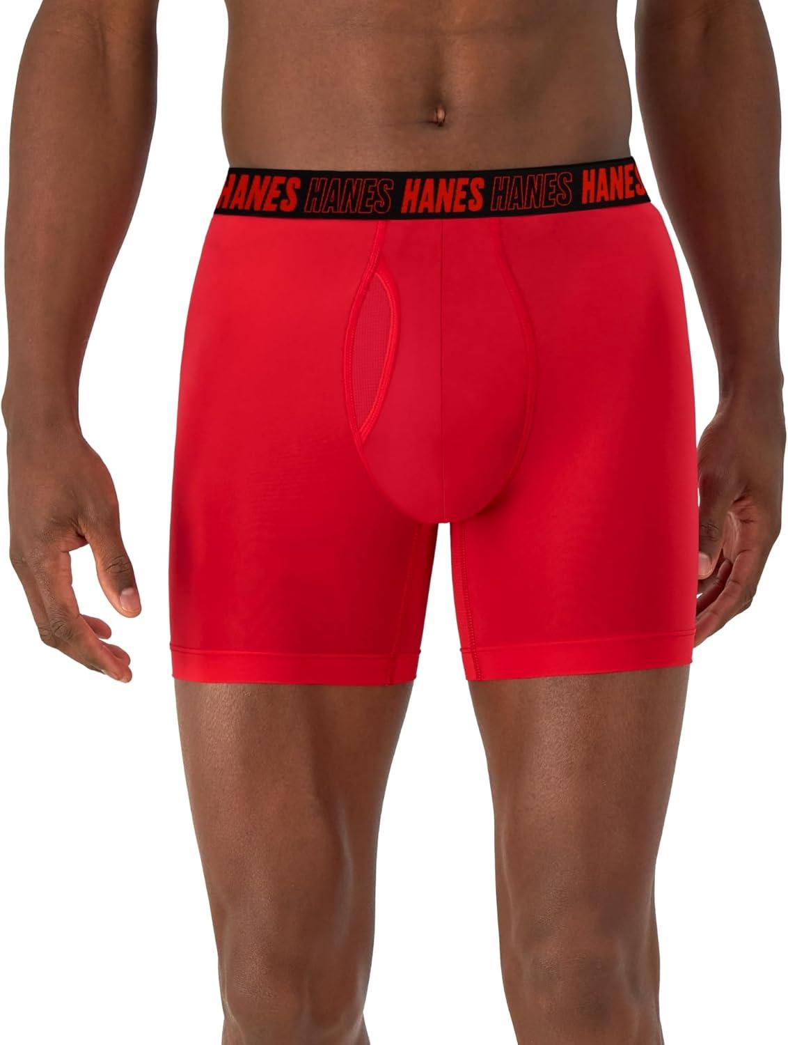 imageHanes Mens Moves Performance Boxer Brief Total Support Pouch Regular Trunk and Long Leg 3packRedGreyBlack