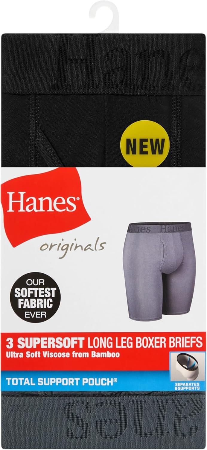 imageHanes Mens Originals Supersoft Boxer Brief Underwear Total Support Pouch Boxer Briefs for Men Long Leg amp Regular 3packBlack Grey