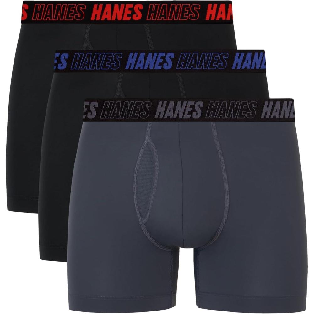 imageHanes Mens Moves Performance Boxer Brief Total Support Pouch Regular Trunk and Long Leg 3packGreyBlack