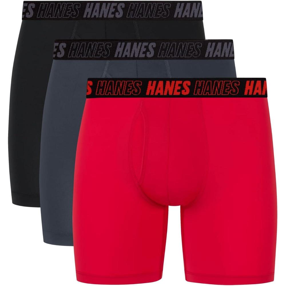 imageHanes Mens Moves Performance Boxer Brief Total Support Pouch Regular Trunk and Long Leg 3packRedGreyBlack
