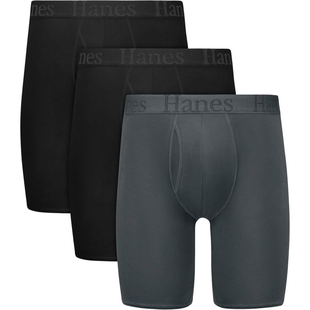 imageHanes Mens Originals Supersoft Boxer Brief Underwear Total Support Pouch Boxer Briefs for Men Long Leg amp Regular 3packBlack Grey