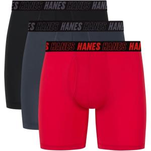 Hanes Men’s Moves Performance Boxer Brief, Total Support Pouch, Regular, Trunk, and Long Leg, 3-pack(Red/Grey/Black)