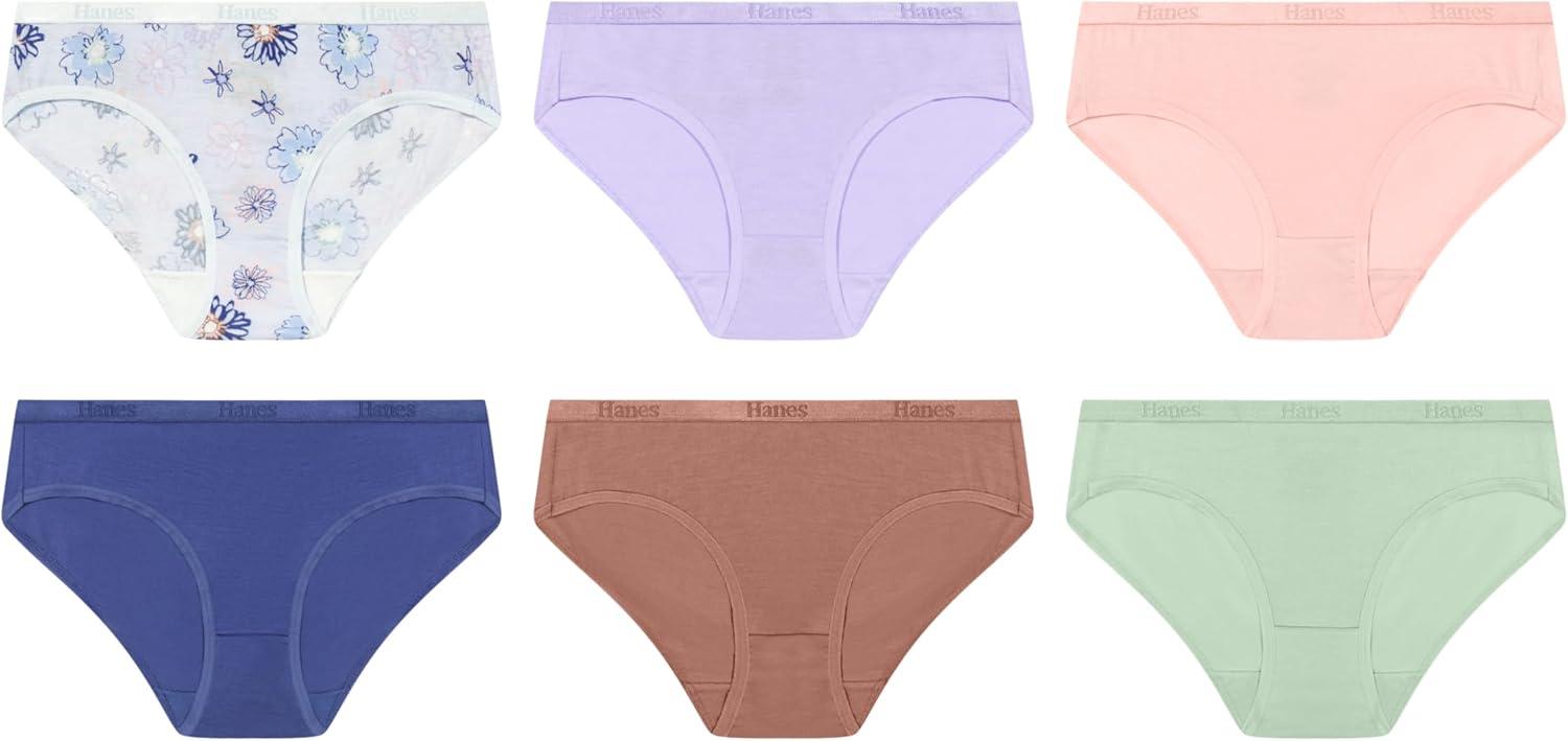 imageHanes girls Underwear Hipsters Pack 6pack Originals Supersoft Hipster Panties for Girls MoisturewickingPurple Flowers Pink Earthen Tan Lavender Celadon