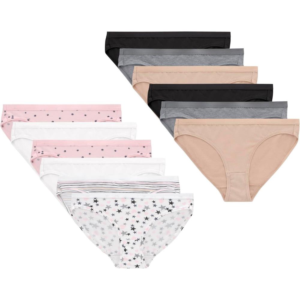 imageHanes Girls Cotton Stretch UnderwearBlack Nude Grey White Dot Print Stripe Print Star Print