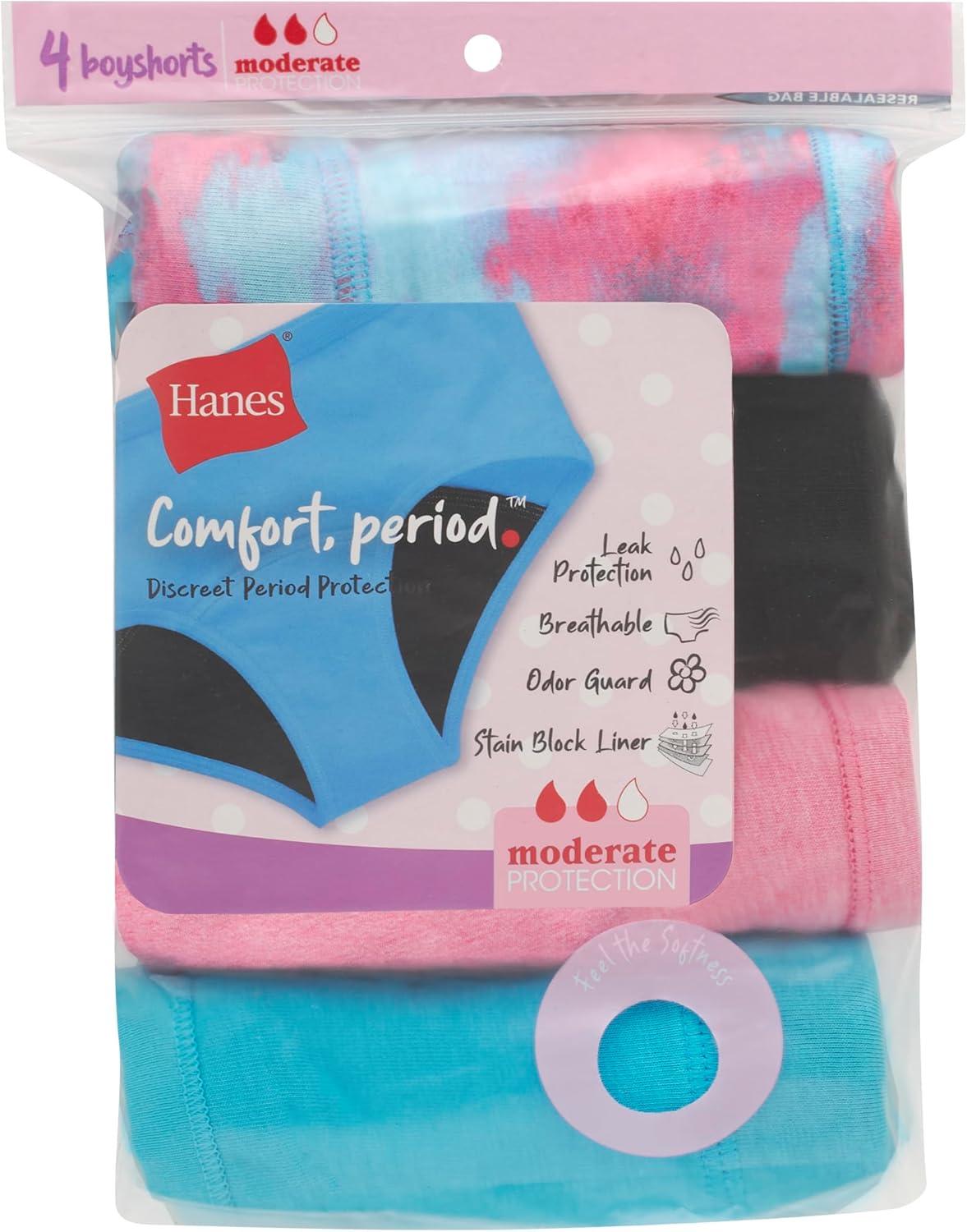 imageHanes Girls Period Underwear Boxer Briefs Comfort Period Boxer Brief Panties for Girls Moderate ProtectionBoyshort PinkBlueBlack 4 Pack