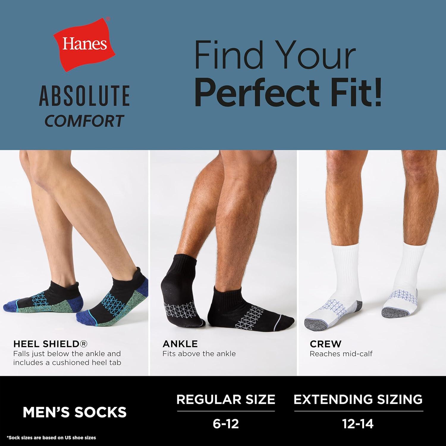 imageHanes Mens Socks Absolute Comfort Cushioned Moisturewicking Seamless Toe 4 Pack Ankle Crew and Heel Shield SocksBlackGray Foot Heel Shield