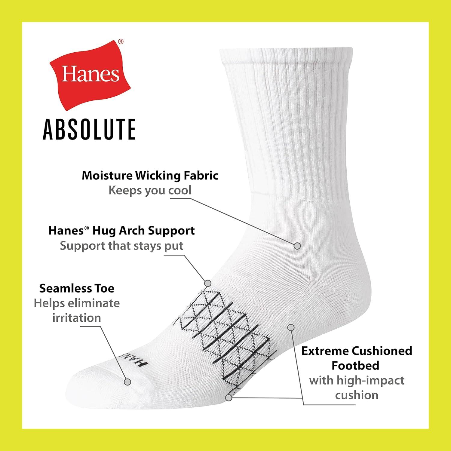 imageHanes Mens Socks Absolute Comfort Cushioned Moisturewicking Seamless Toe 4 Pack Ankle Crew and Heel Shield SocksWhiteBlackGray Crew