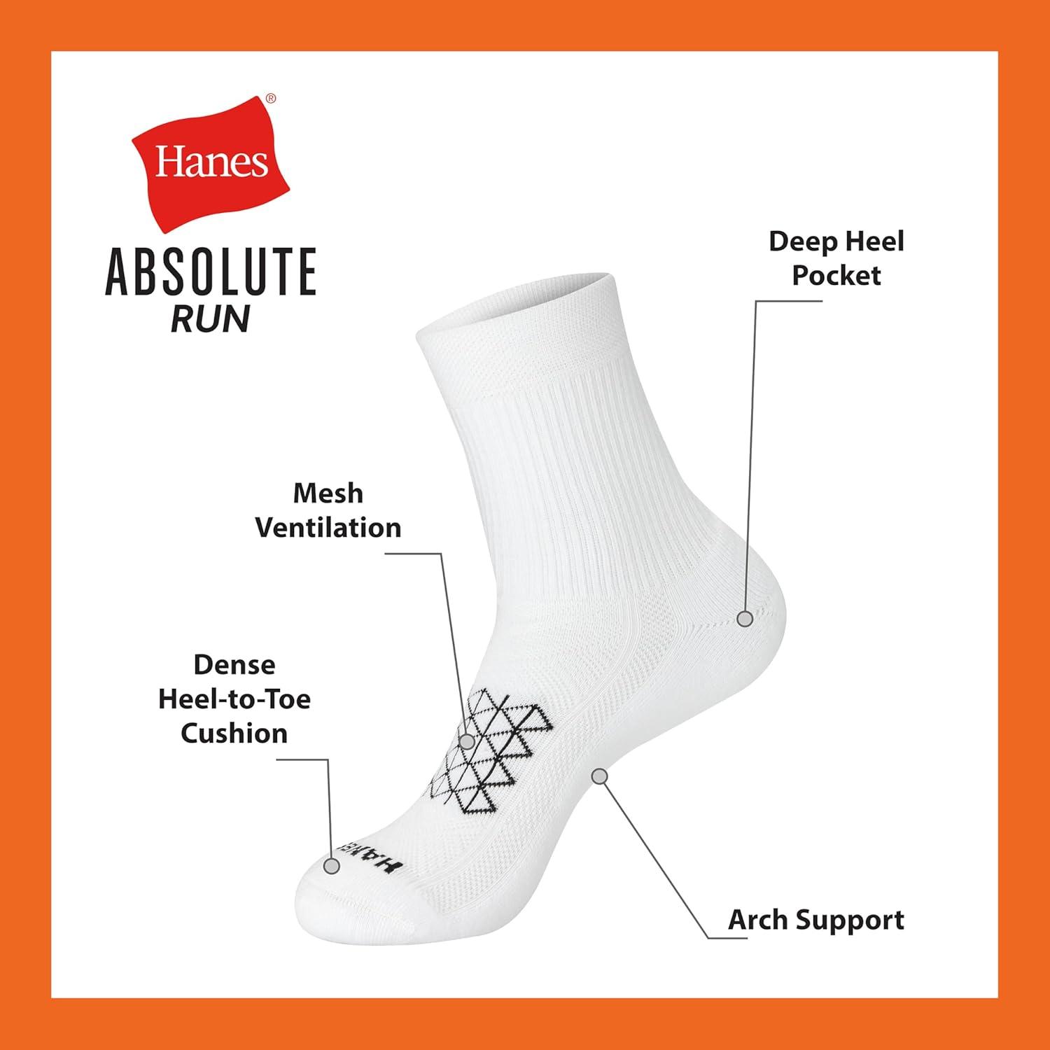 imageHanes Mens Socks Pack 4Pair Pack Absolute Run Cushioned HeelShield Tab MoistureWicking Mens Socks