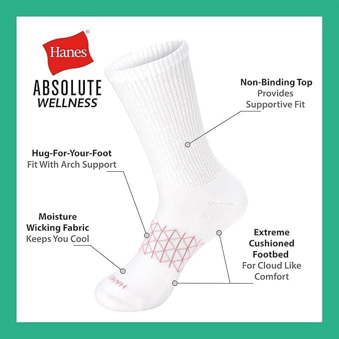 imageHanes Womens Absolute Wellness NonRestrictive Cushioned Crew Socks 4PackBlackGreyWhite