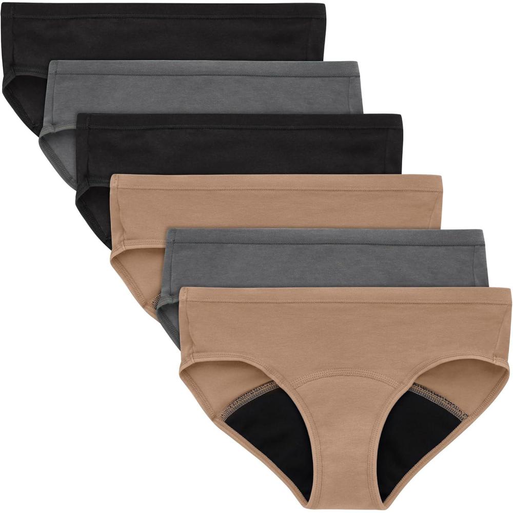 imageHanes Girls Period Underwear Boxer Briefs Comfort Period Boxer Brief Panties for Girls Moderate ProtectionHipster BlackGreyTan 6 Pack